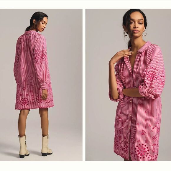 Scotch & Soda Embroidered Shirt Dress Striped Pink White  Anthropologie Size S - Picture 1 of 11